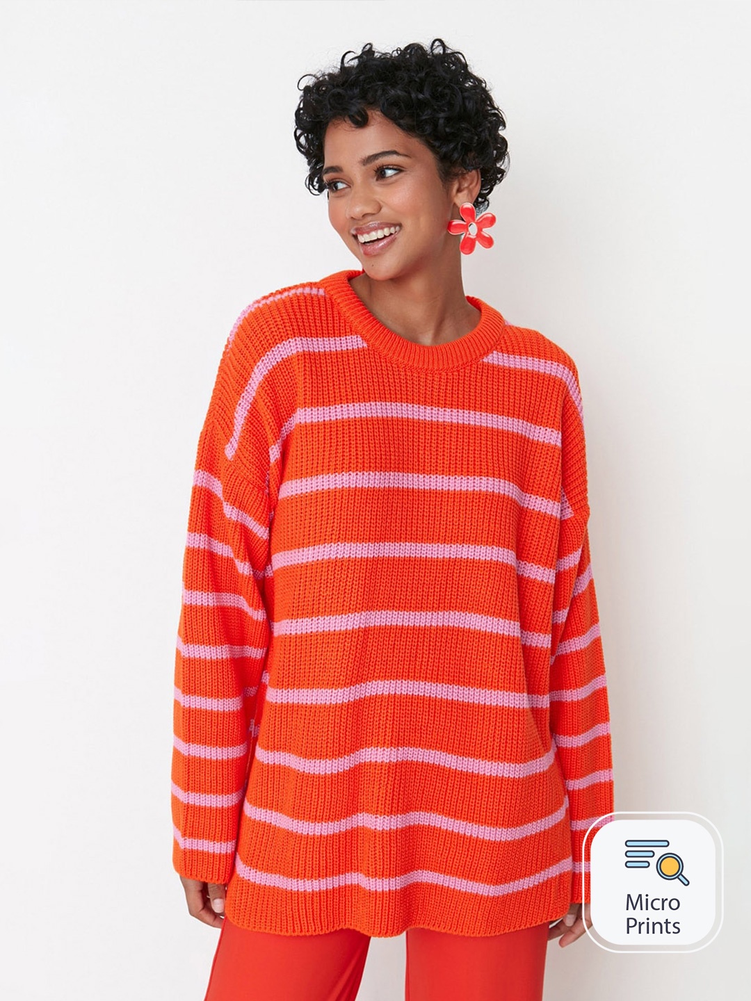 

Trendyol Striped Acrylic Longline Pullover Sweaters, Orange