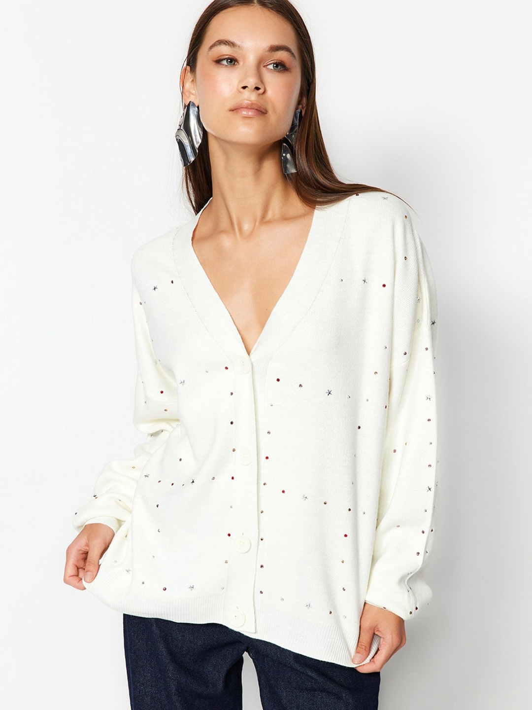 

Trendyol Self Design V-Neck Acrylic Cardigan, White