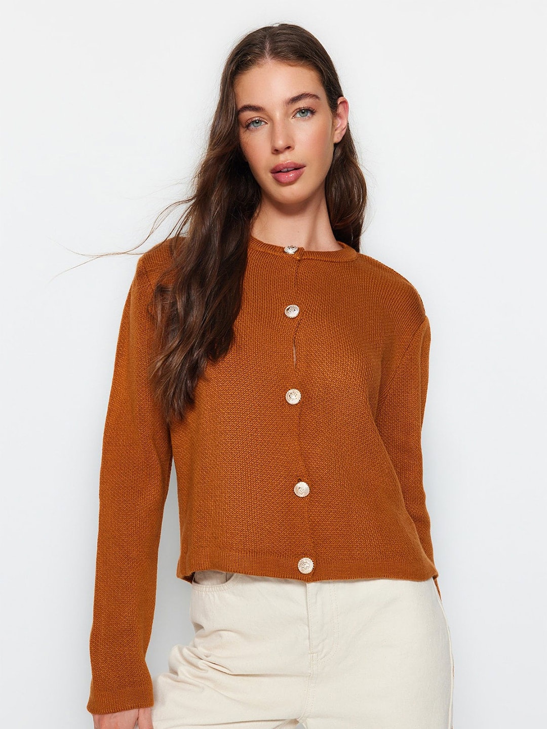 

Trendyol Round Neck Acrylic Front Open Sweater, Orange