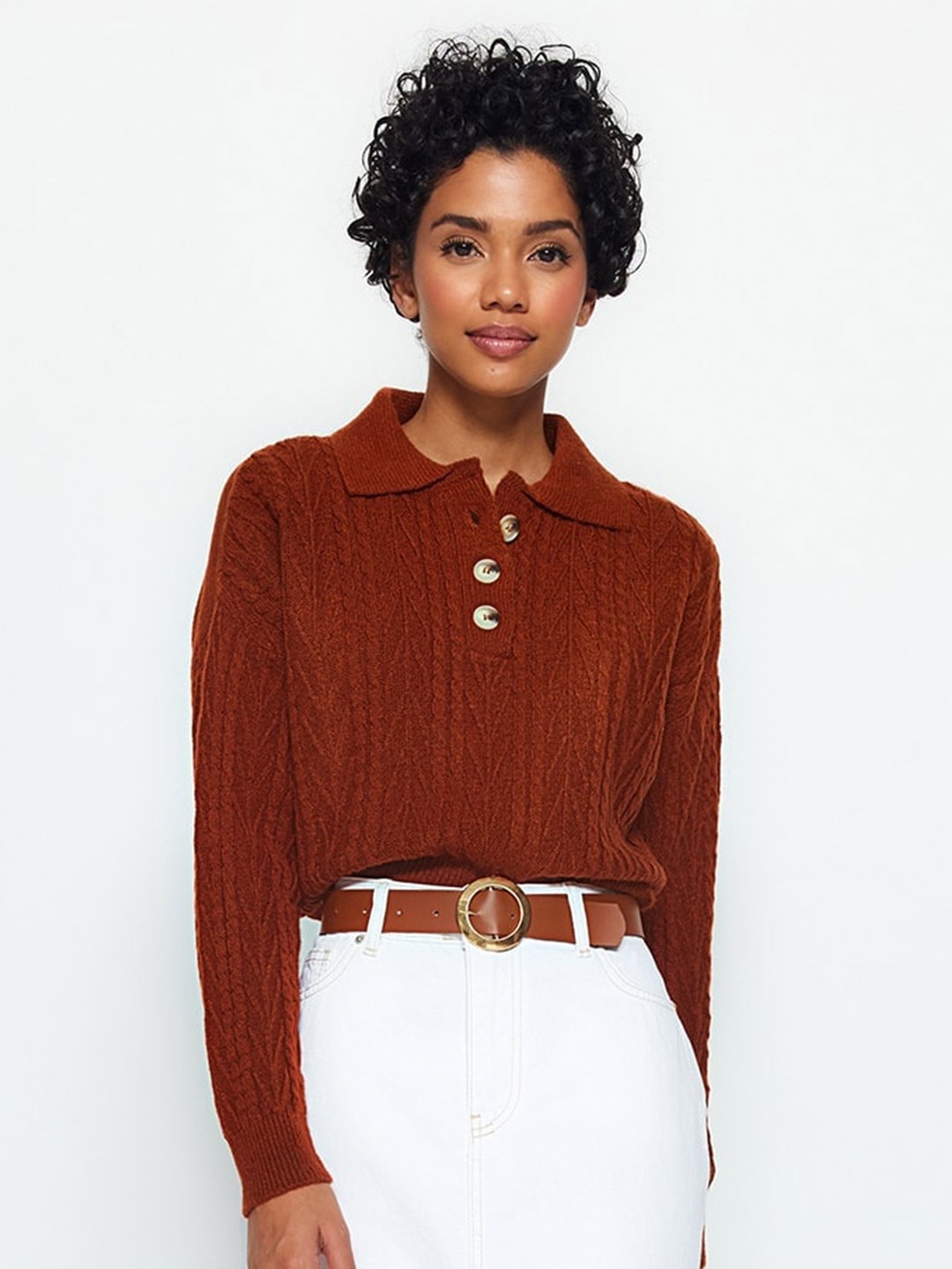 

Trendyol Spread Collar Cable Knit Pullover Sweaters, Brown