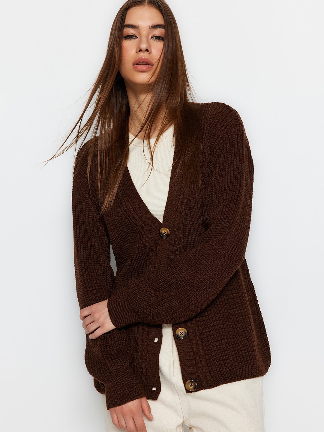 

Trendyol Cable Knit V-Neck Cardigan, Brown