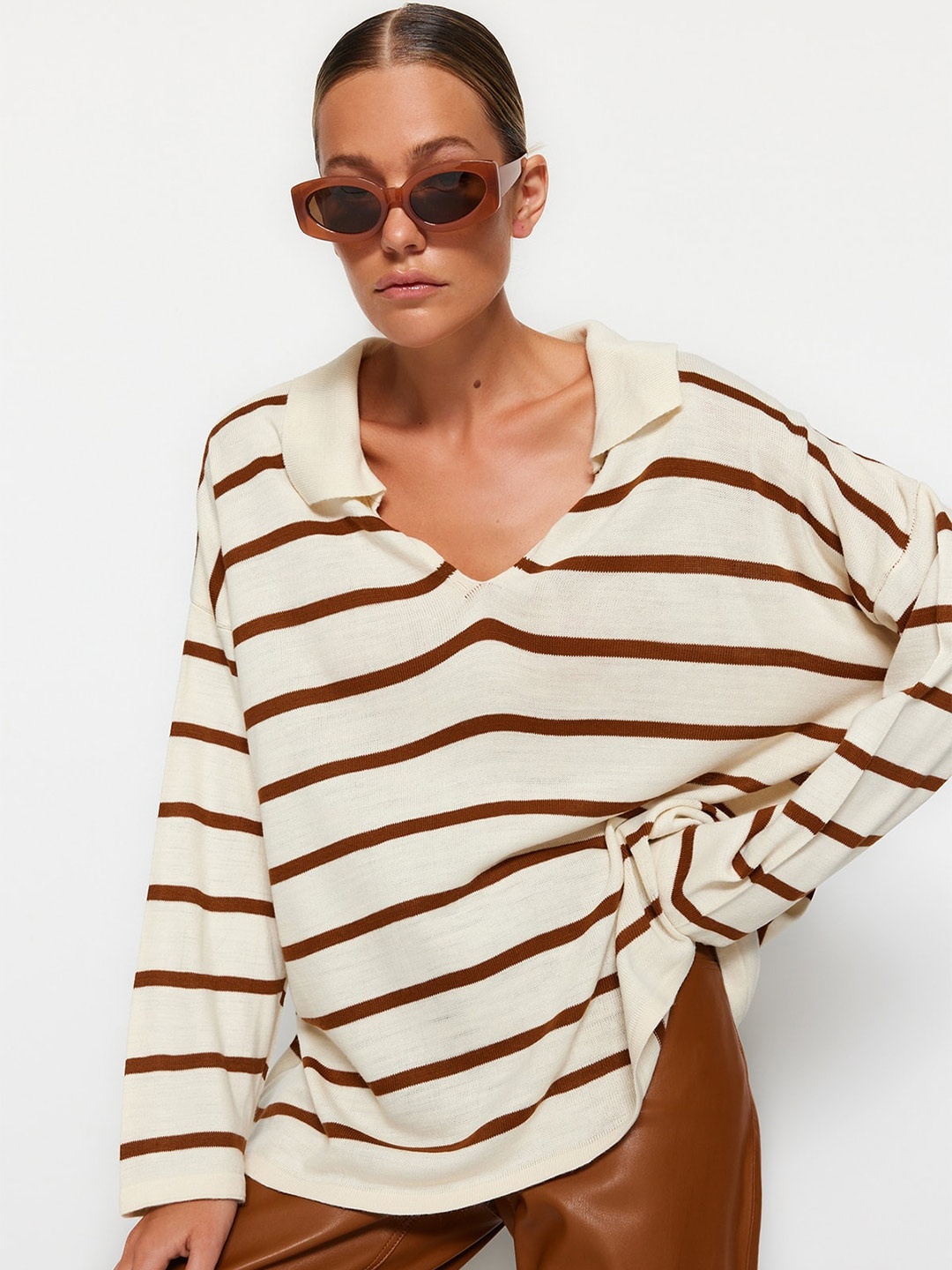 

Trendyol Striped Pure Acrylic Pullover, Beige