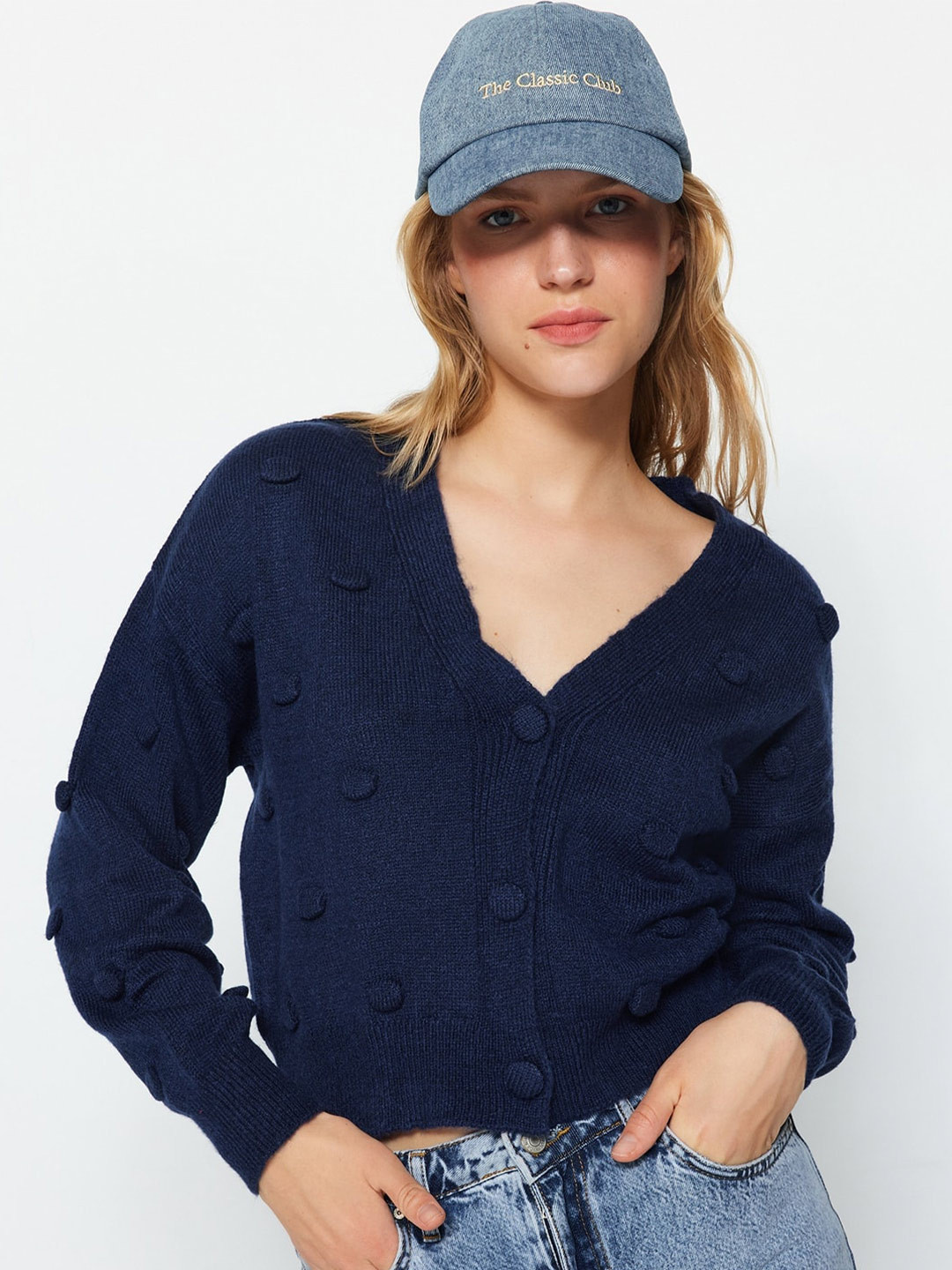 

Trendyol Self Design V-Neck Cardigan, Blue