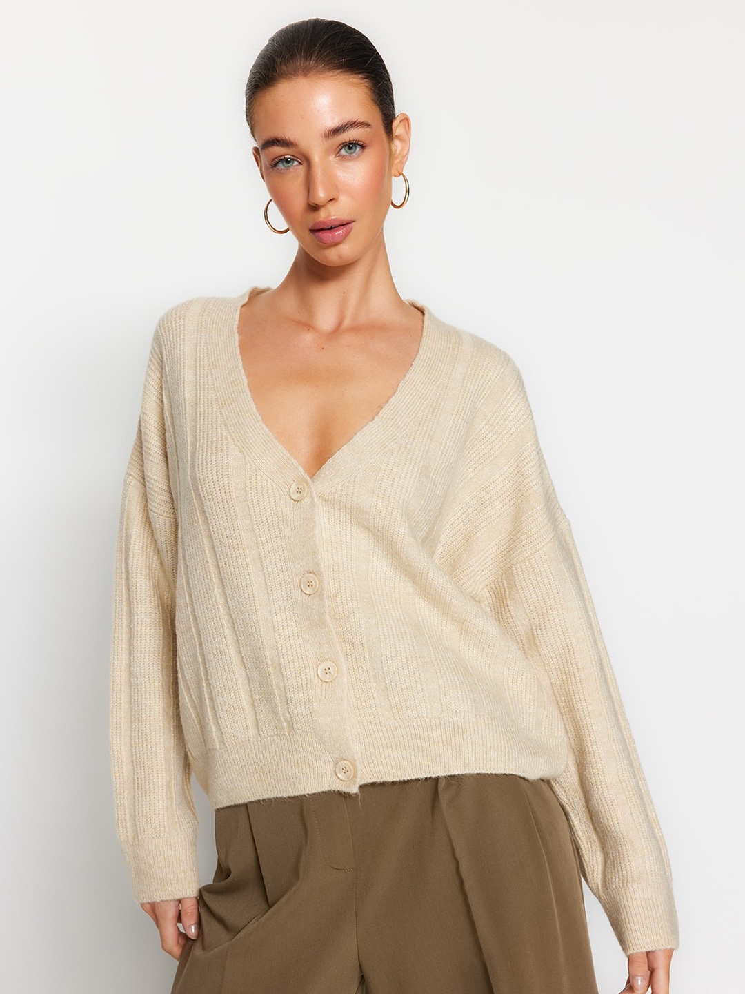

Trendyol Ribbed V-Neck Cardigan Sweater, Beige