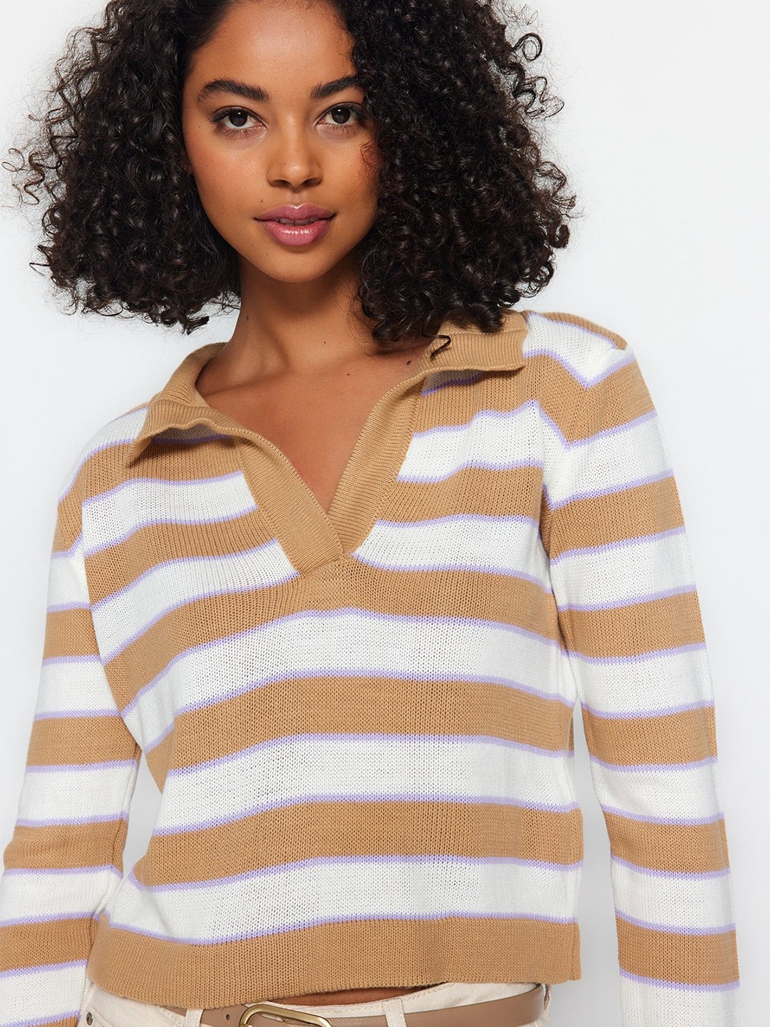 

Trendyol Shirt Collar Striped Acrylic Crop Pullover, White