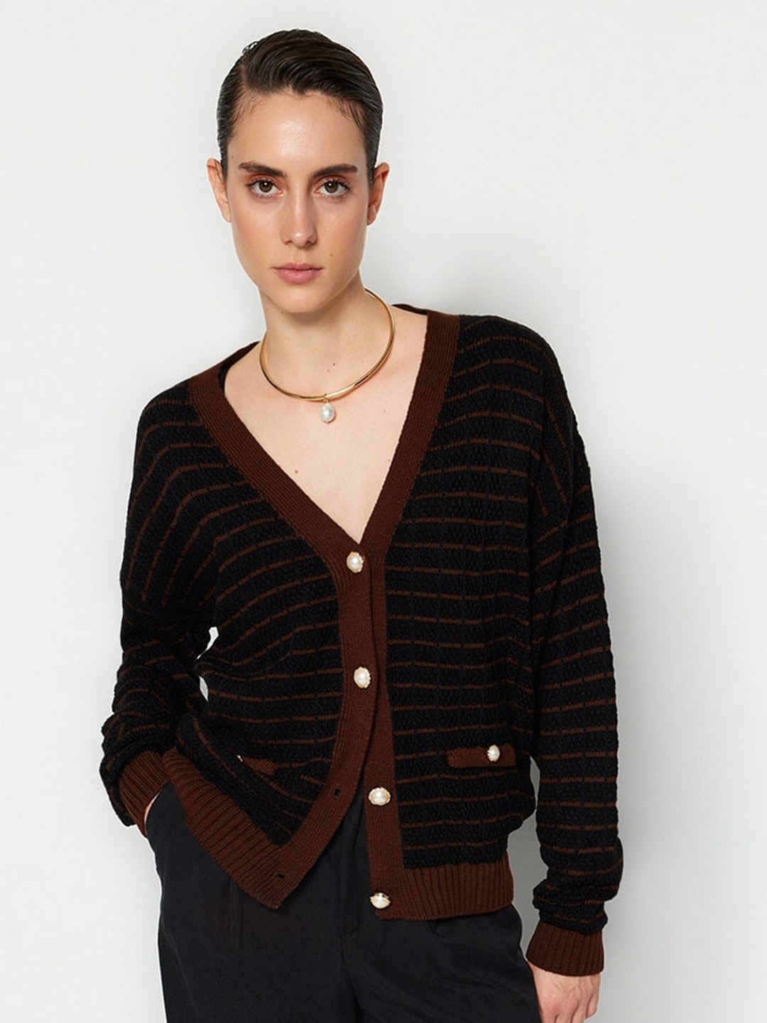 

Trendyol Striped V-Neck Cardigan, Brown