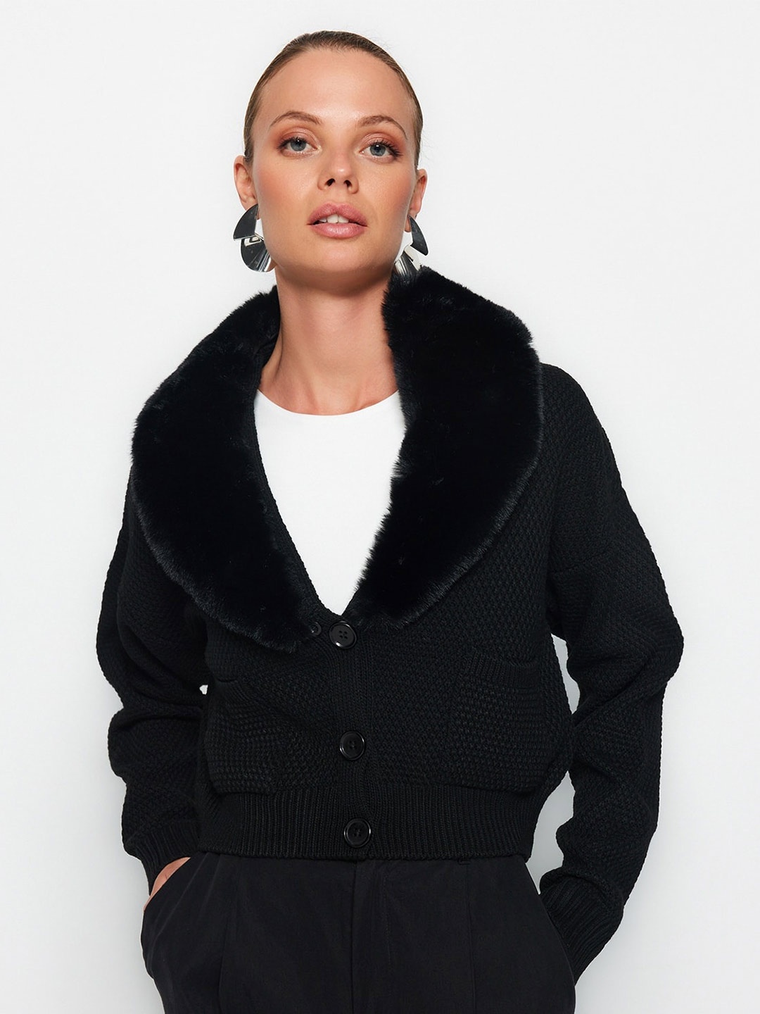 

Trendyol Cable Knit Shawl Collar Regular Cardigan With Fuzzy Detail, Black
