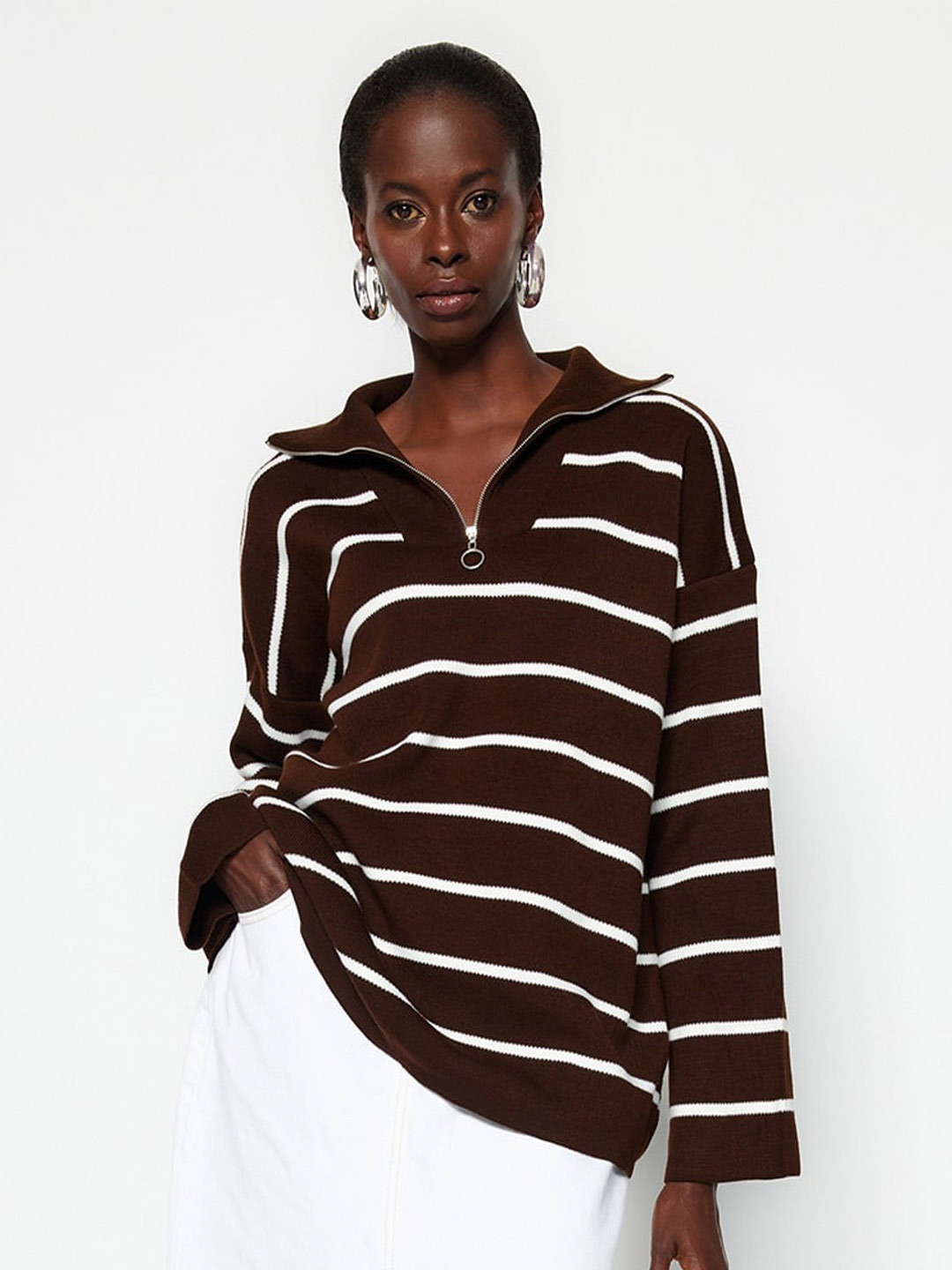 

Trendyol Striped Mock Collar Pullover, Brown