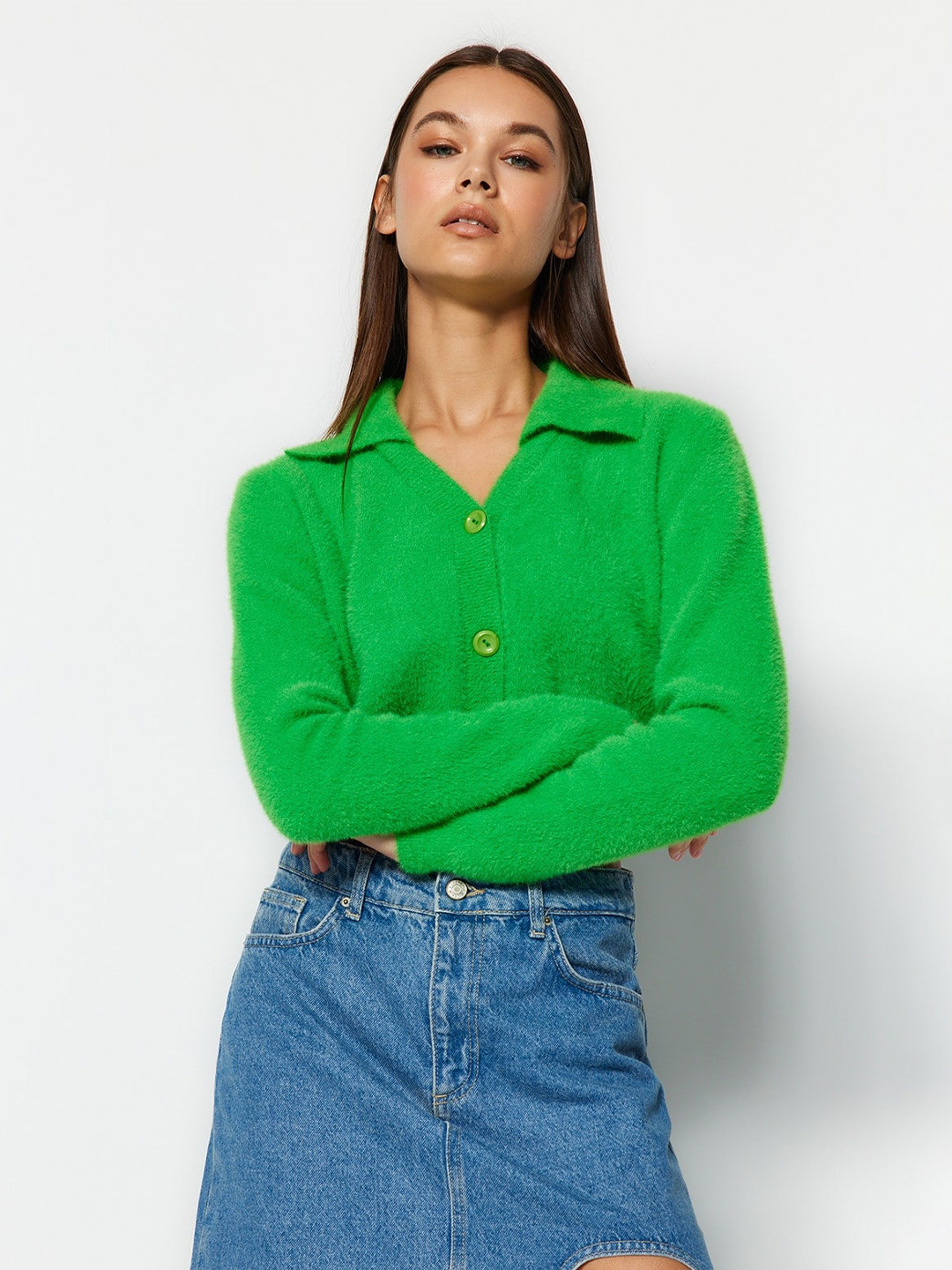 

Trendyol Shirt Collar Long Sleeves Crop Cardigan, Green