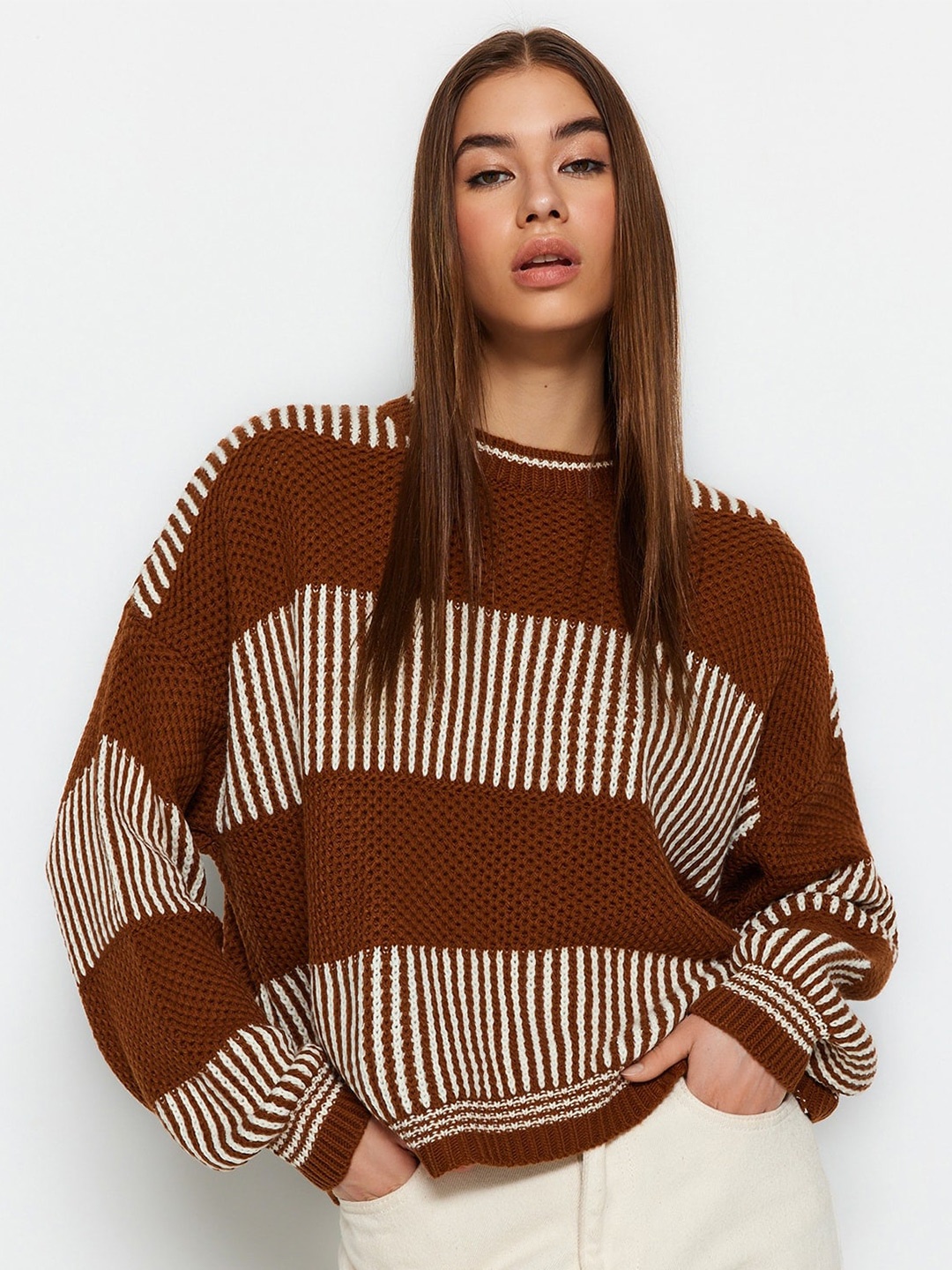 

Trendyol Self Design Acrylic Pullover, Brown