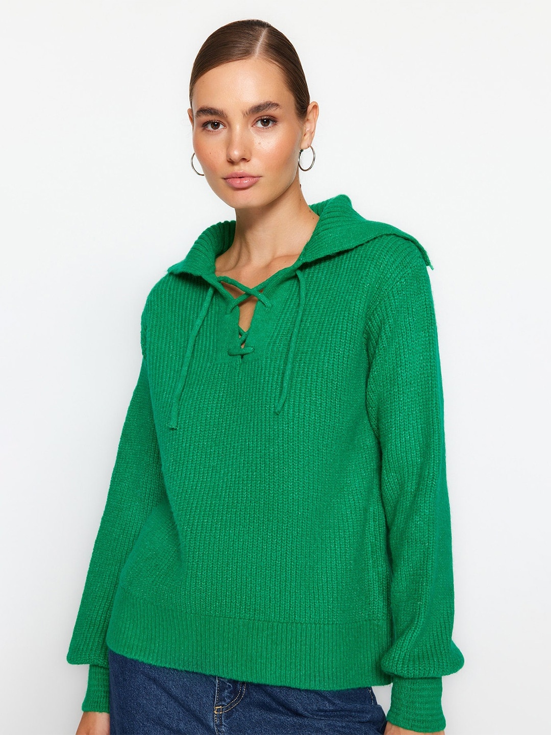 

Trendyol Tie Up Acrylic Ribbed Pullover, Green
