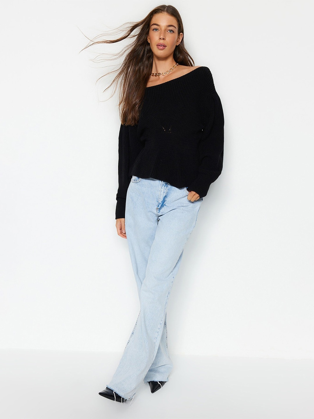 

Trendyol Self Design Cable Knit Acrylic Pullover, Black