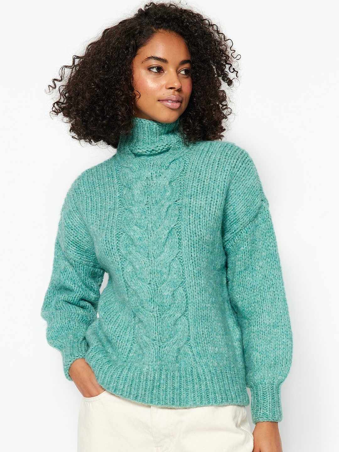 

Trendyol Cable Knit Self Design Pullover Sweater, Green