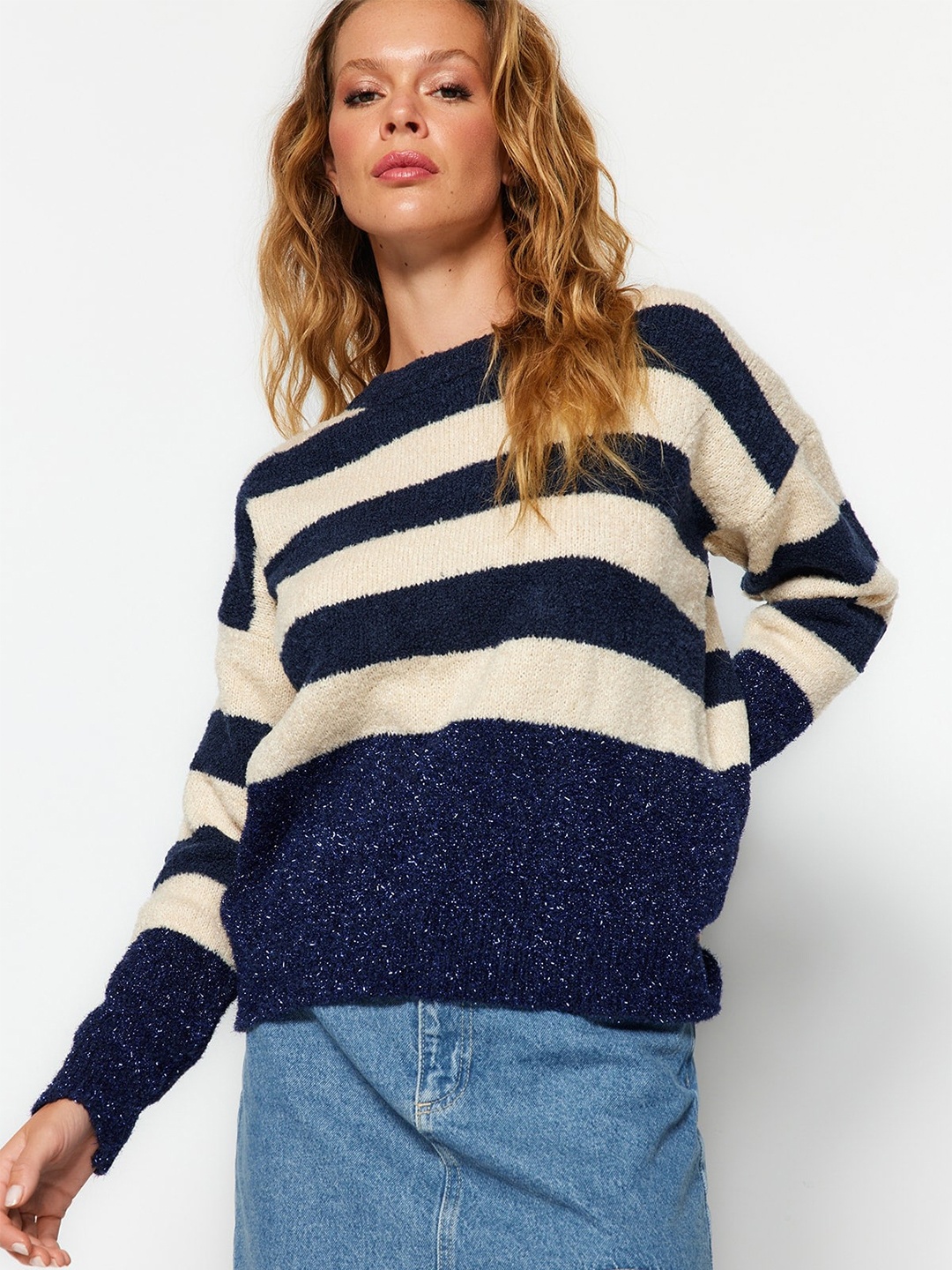 

Trendyol Striped Round Neck Pullover, White