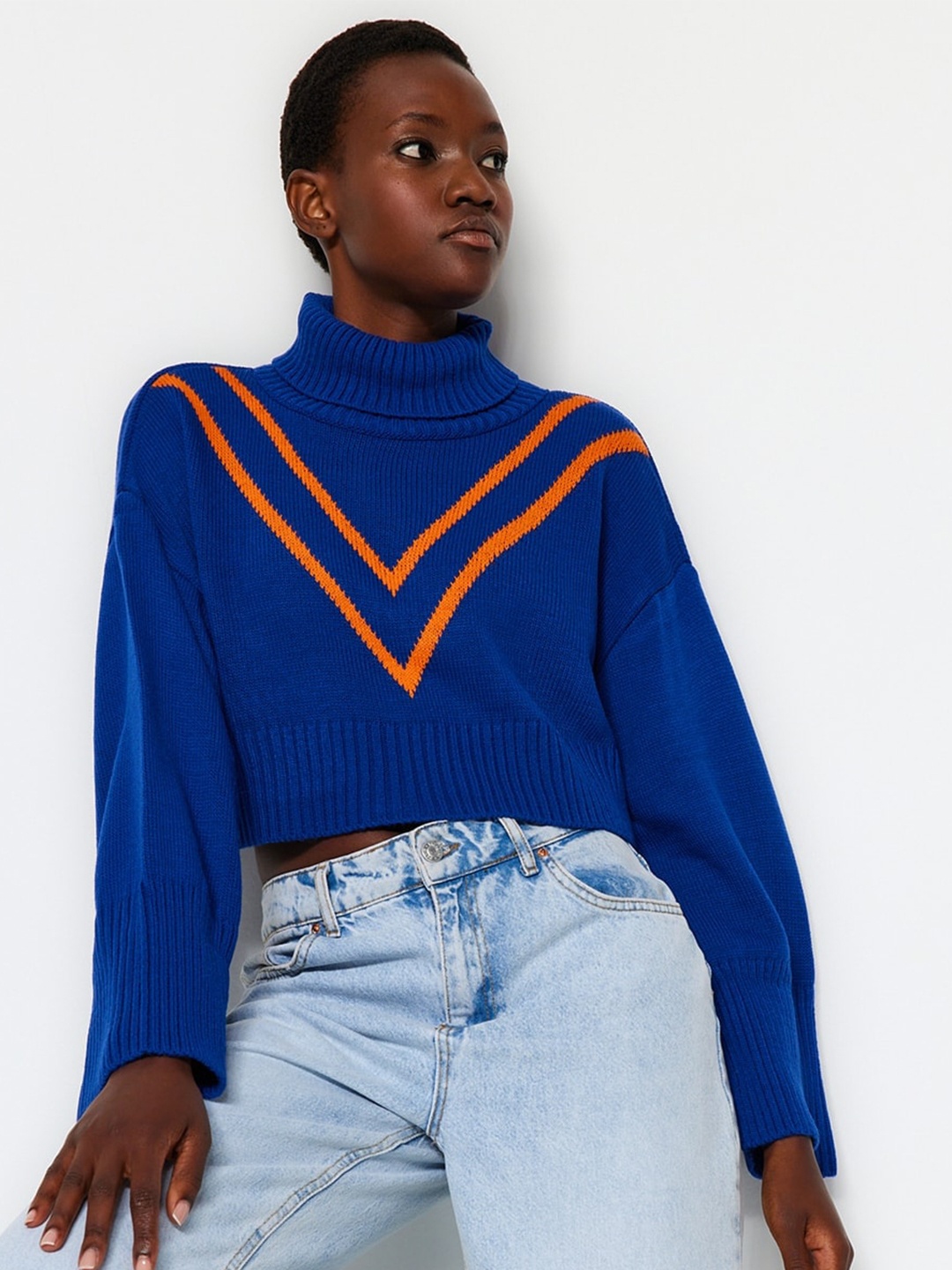 

Trendyol Printed Turtle Neck Crop Pullover, Blue