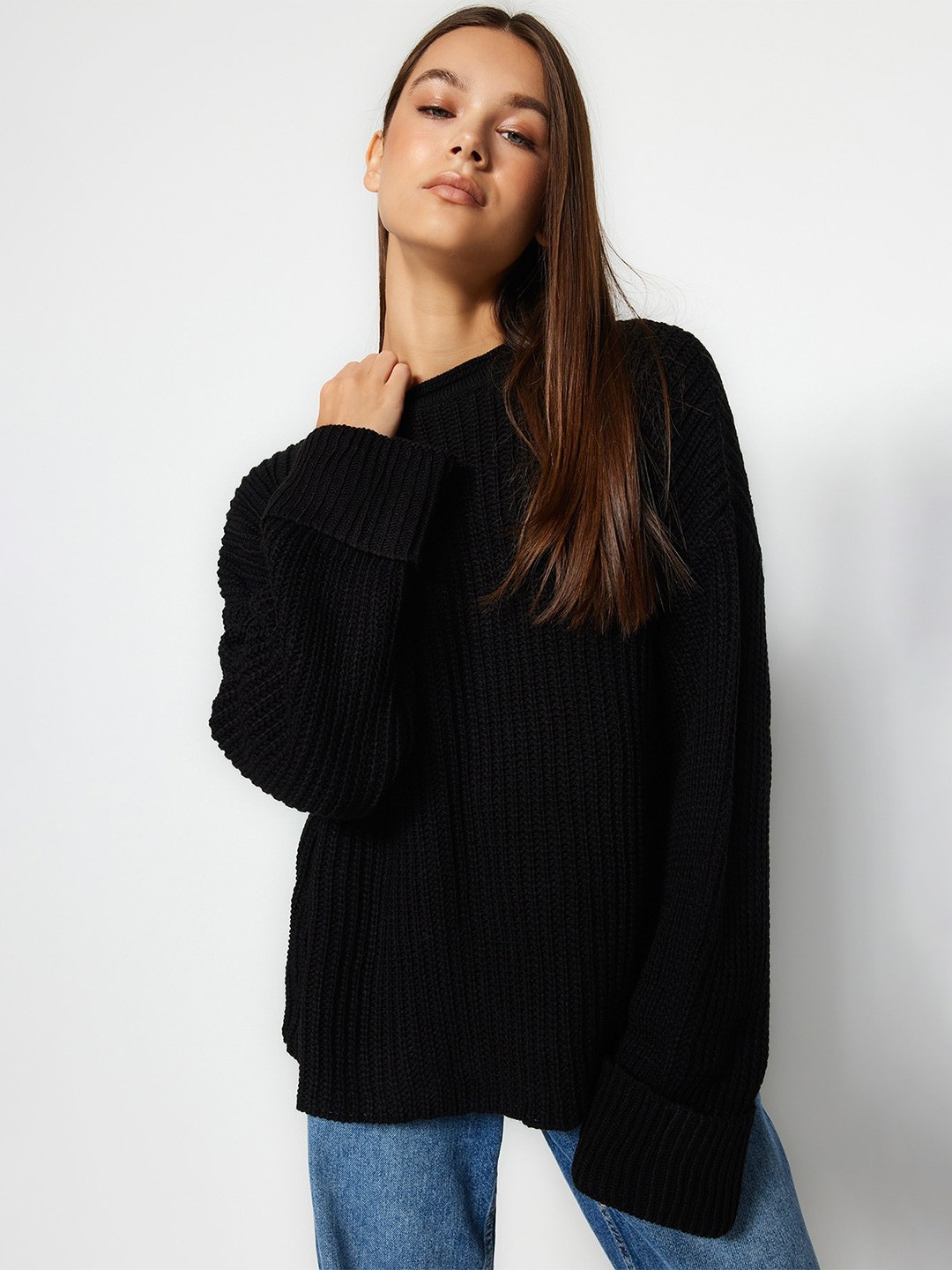 

Trendyol Cable Knit Acrylic Pullover Sweaters, Black