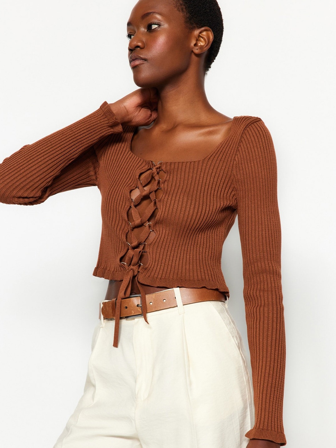 

Trendyol Square Neck Lace Up Detail Ribbed Top, Brown