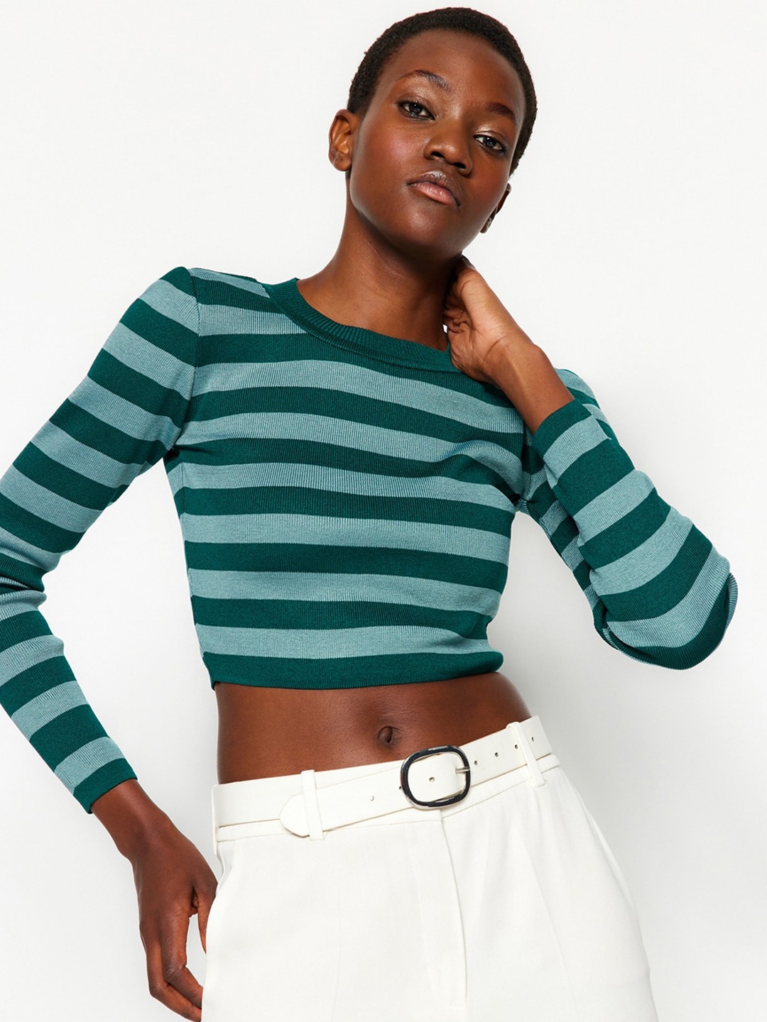 

Trendyol Striped Crop Pullover Sweater, Green