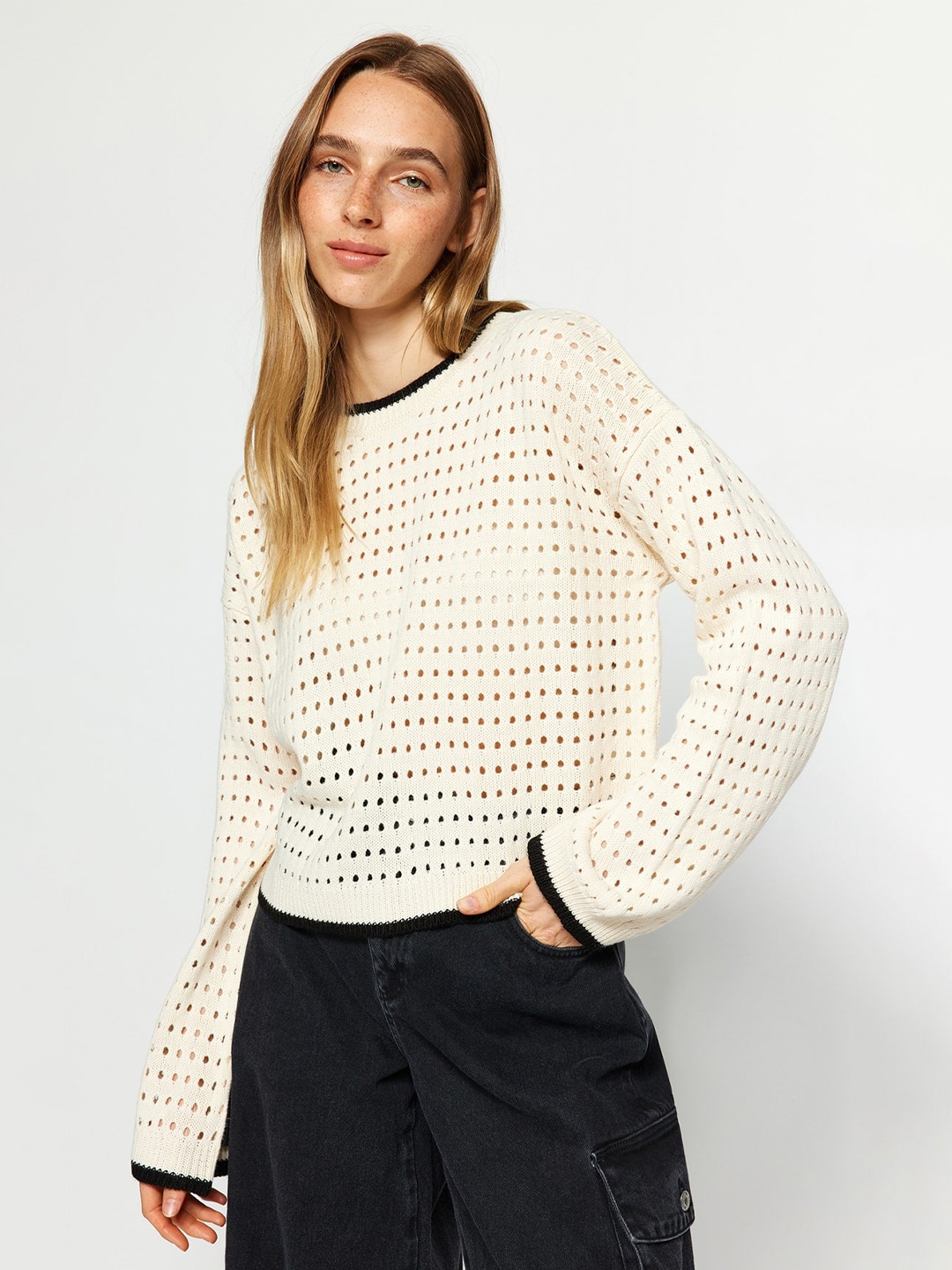 

Trendyol Open Knit Acrylic Pullover Sweaters, Cream