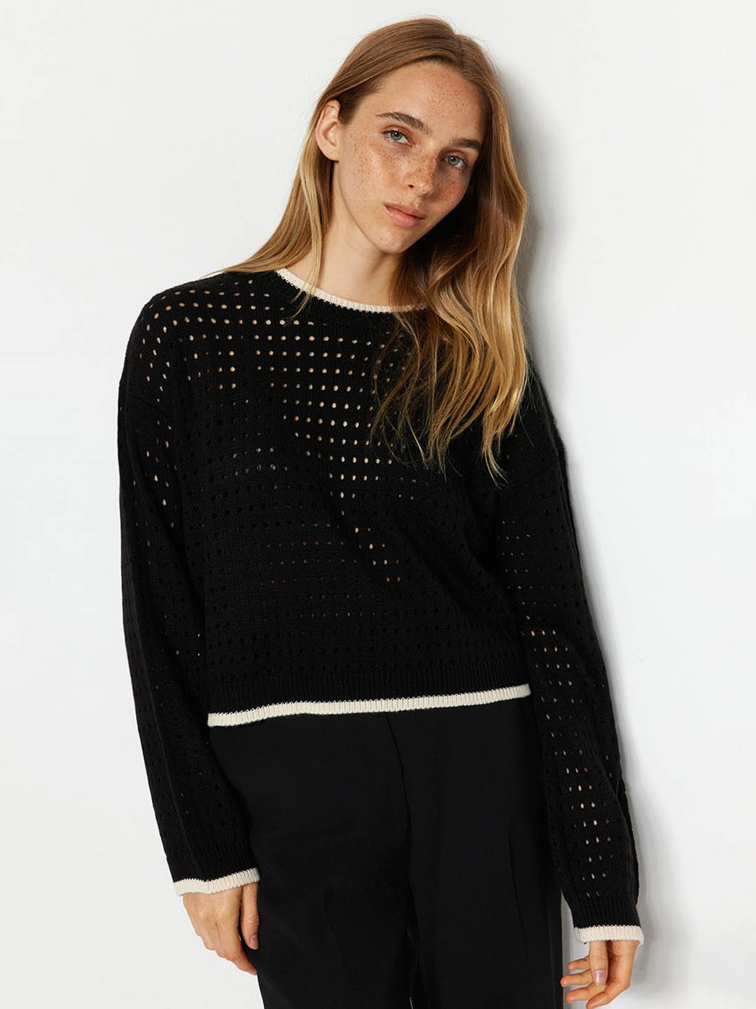 

Trendyol Self Design Open Knit Pullover, Black