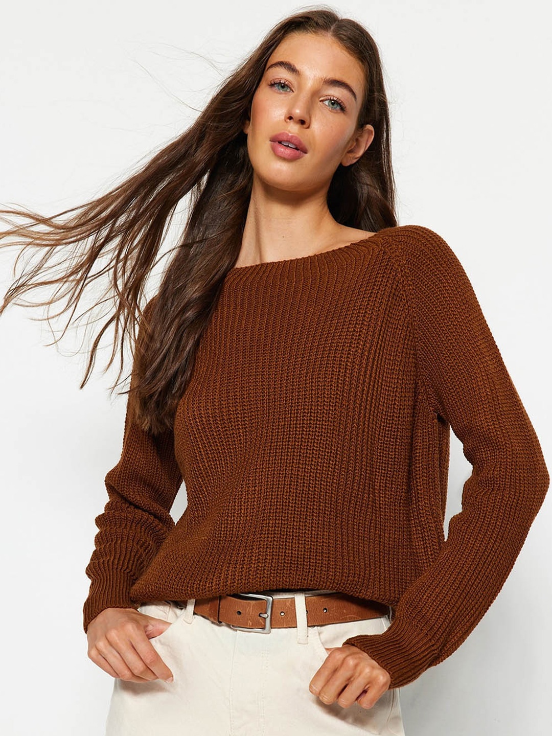 

Trendyol Ribbed Acrylic Pullover, Brown