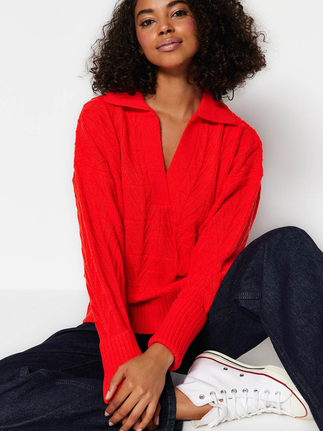 

Trendyol Cable Knit Self Design Shirt Collar Acrylic Pullover Sweater, Orange