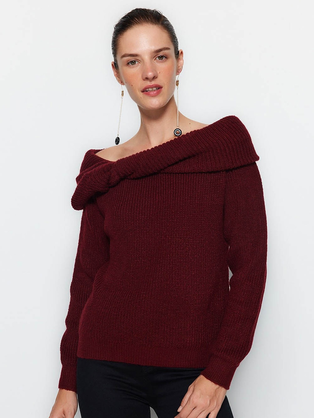 

Trendyol Off-Shoulder Ribbed Pullover, Maroon