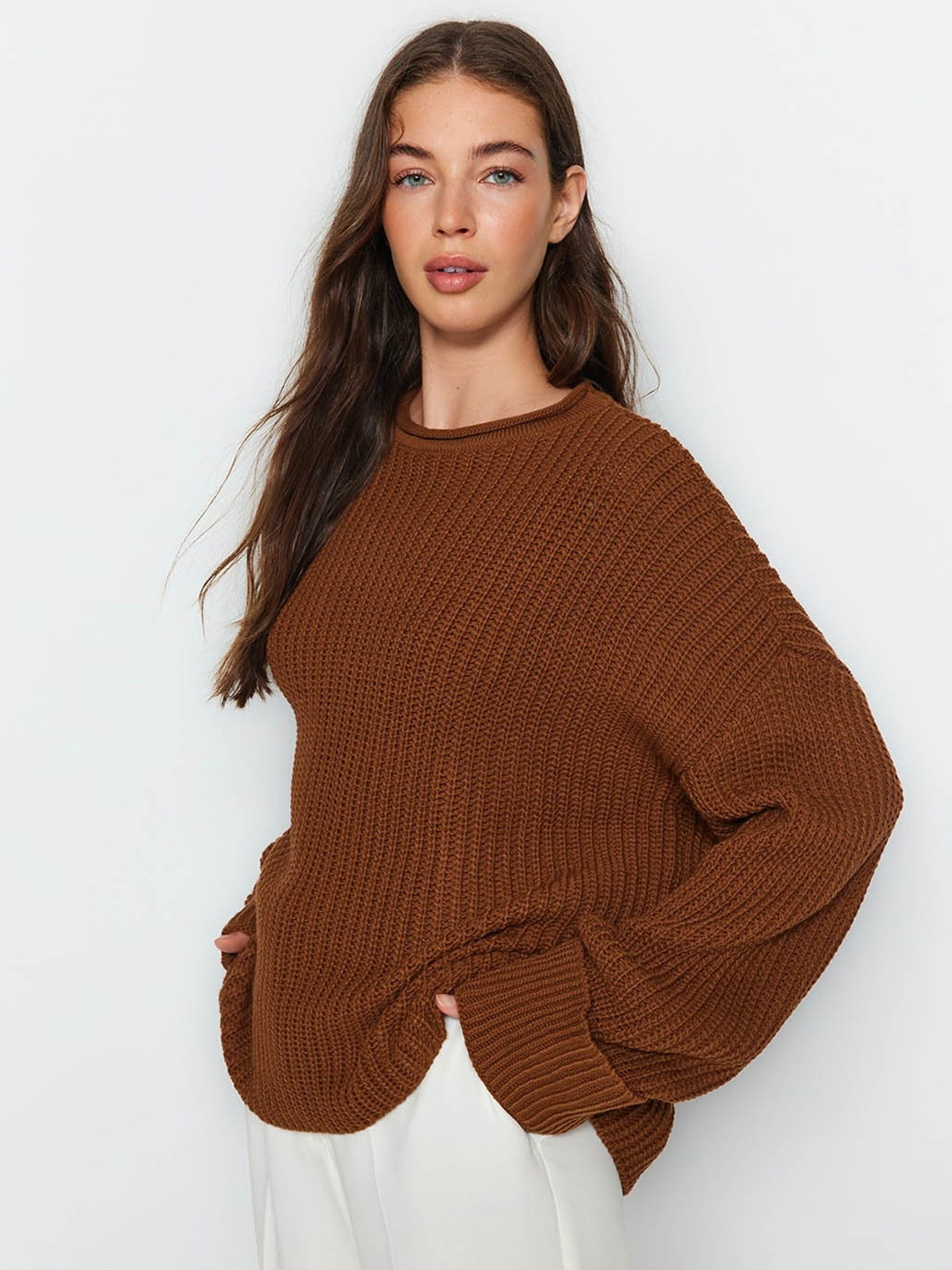 

Trendyol Ribbed Drop-Shoulder Sleeves Acrylic Pullover, Brown