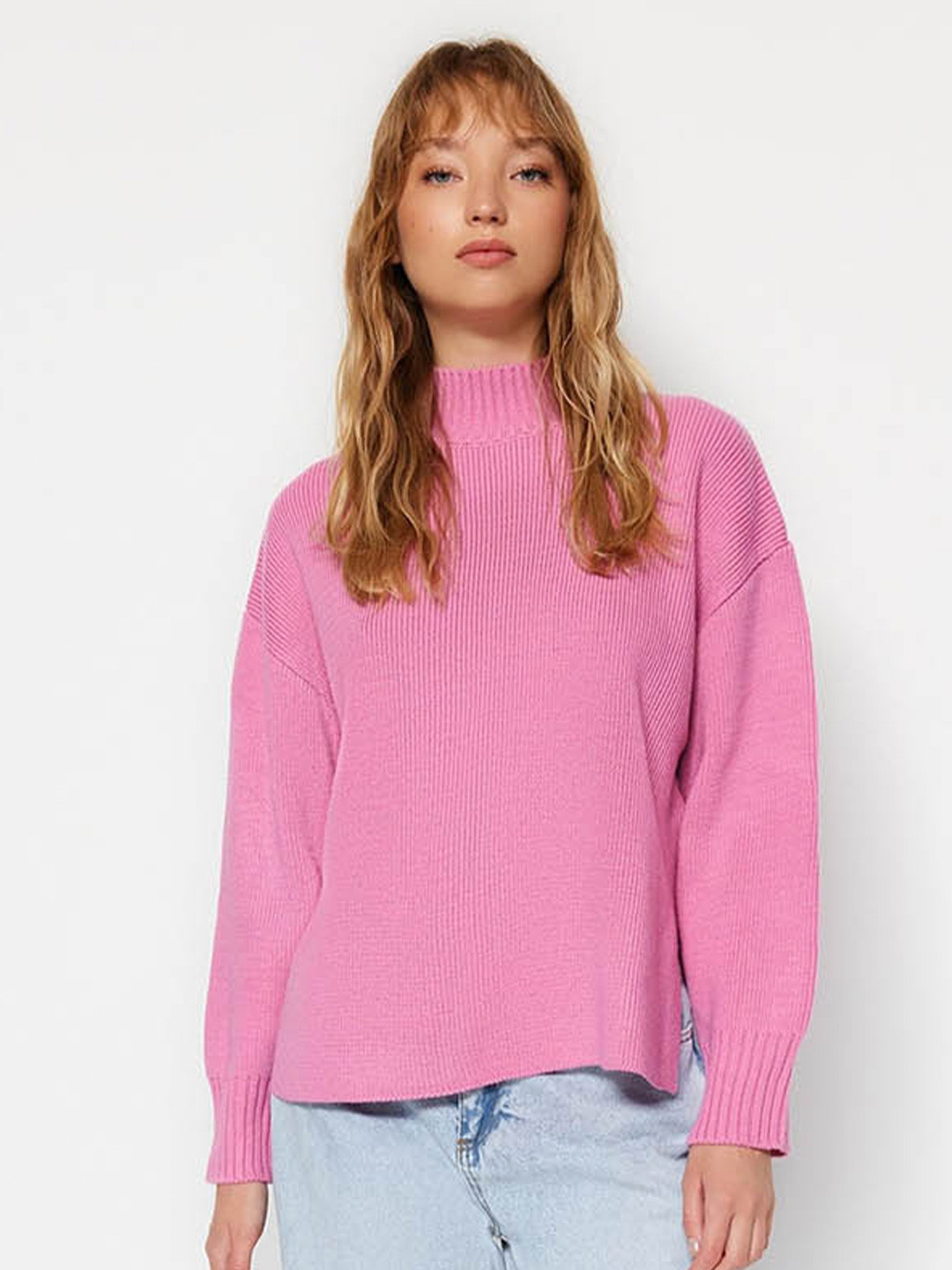 

Trendyol Ribbed High Neck Long Sleeves Pure Acrylic Oversized Pullover Sweaters, Pink