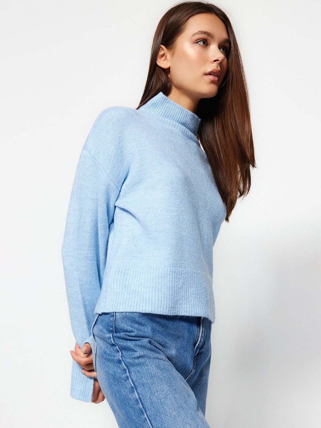 

Trendyol Mock Collar Drop Shoulder Sleeves Pullover, Blue