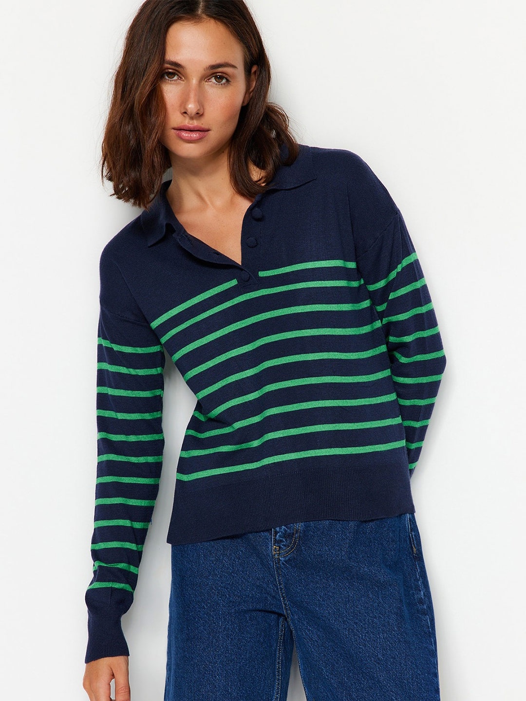 

Trendyol Polo Neck Striped Pullover, Blue