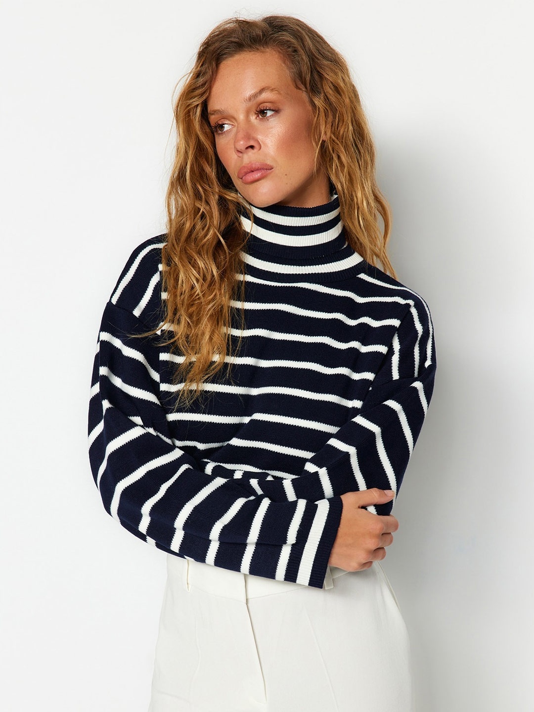 

Trendyol Striped Turtle Neck Pullover Sweater, Navy blue