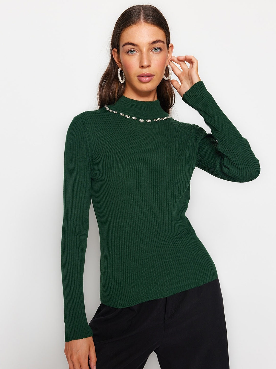 

Trendyol Ribbed Acrylic Pullover, Green