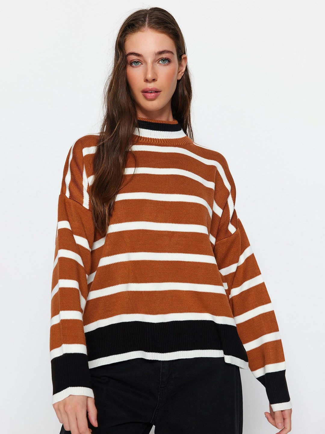 

Trendyol Women Brown & Black Striped Pullover