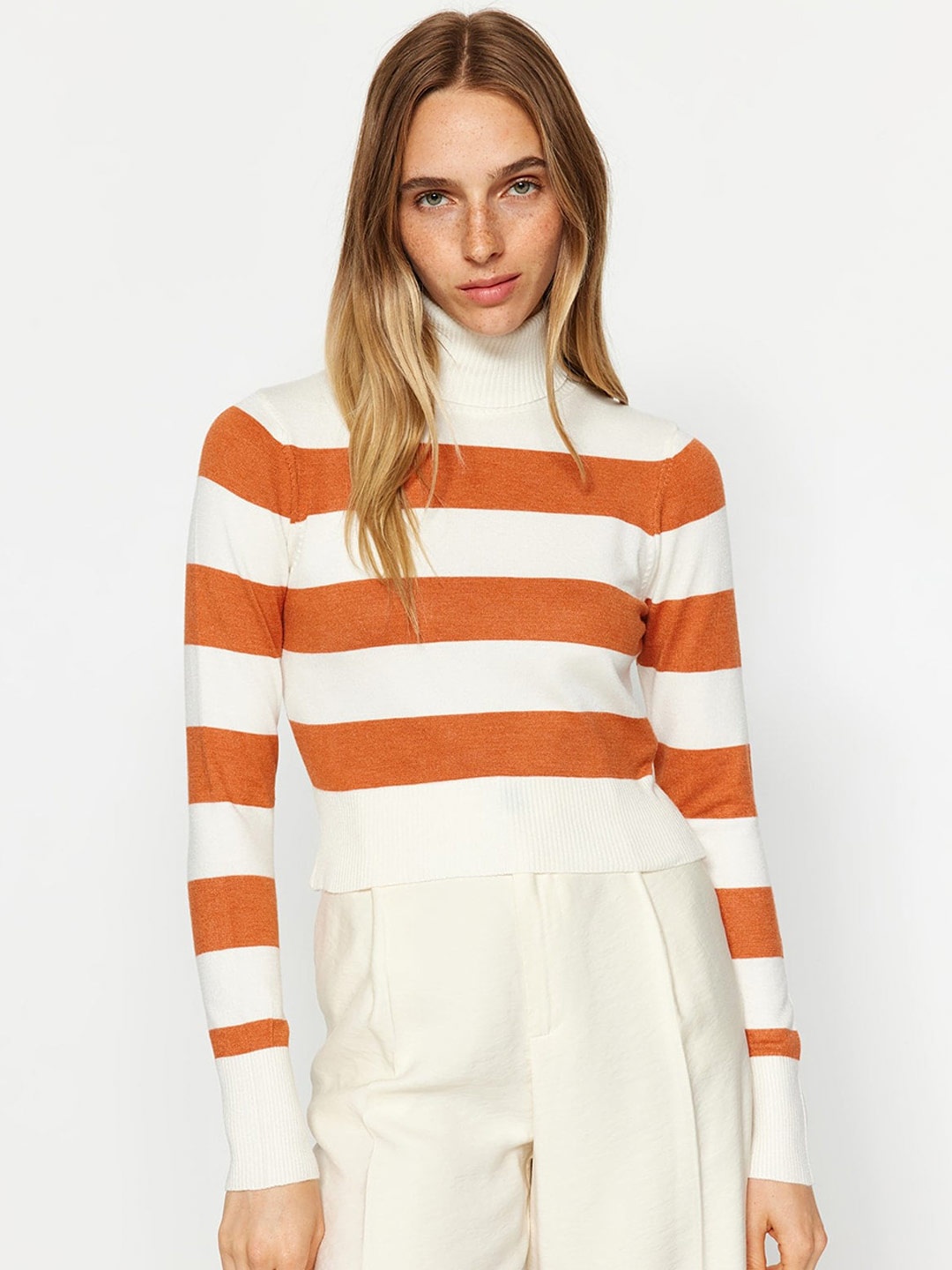 

Trendyol Turtle Neck Striped Pullover, Orange