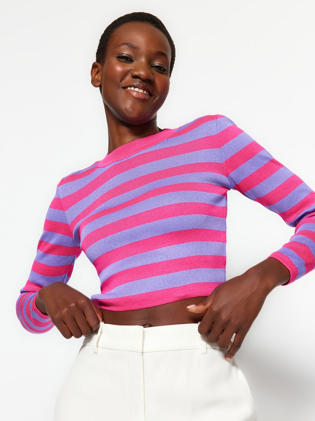 

Trendyol Striped Crop Pullover Sweater, Pink