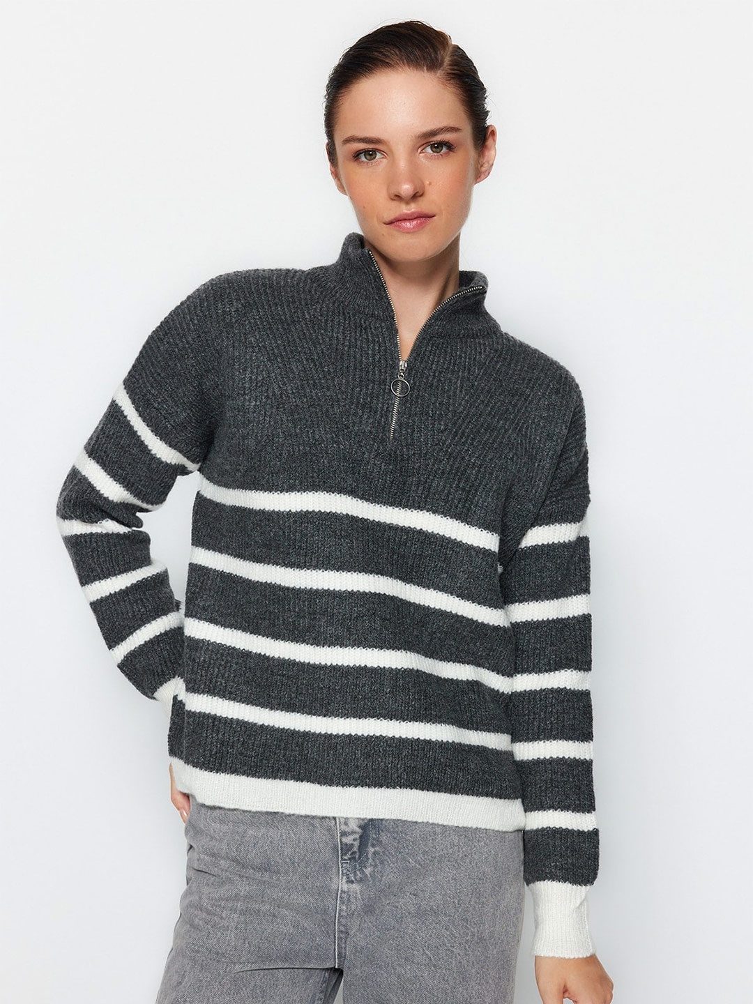 

Trendyol Striped Mock Collar Acrylic Pullover, Black