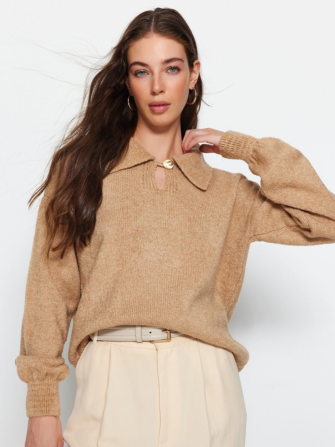 

Trendyol Ribbed Drop Shoulder Sleeves Pullover, Brown