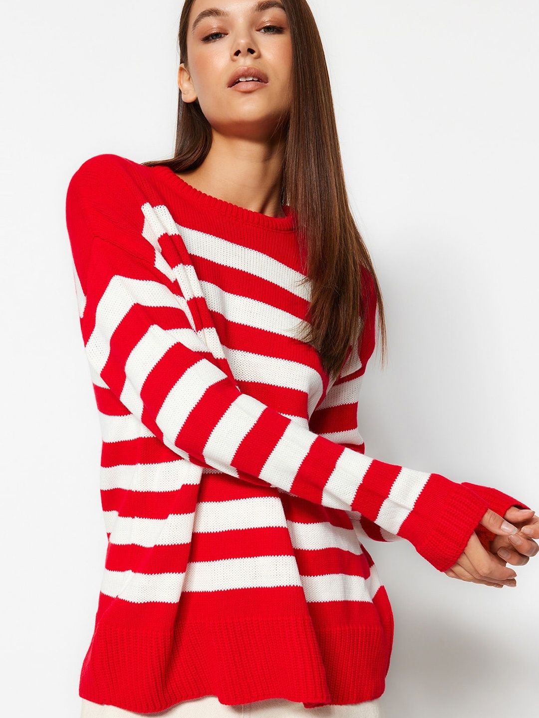 

Trendyol Striped Acrylic Pullover Sweater, Red