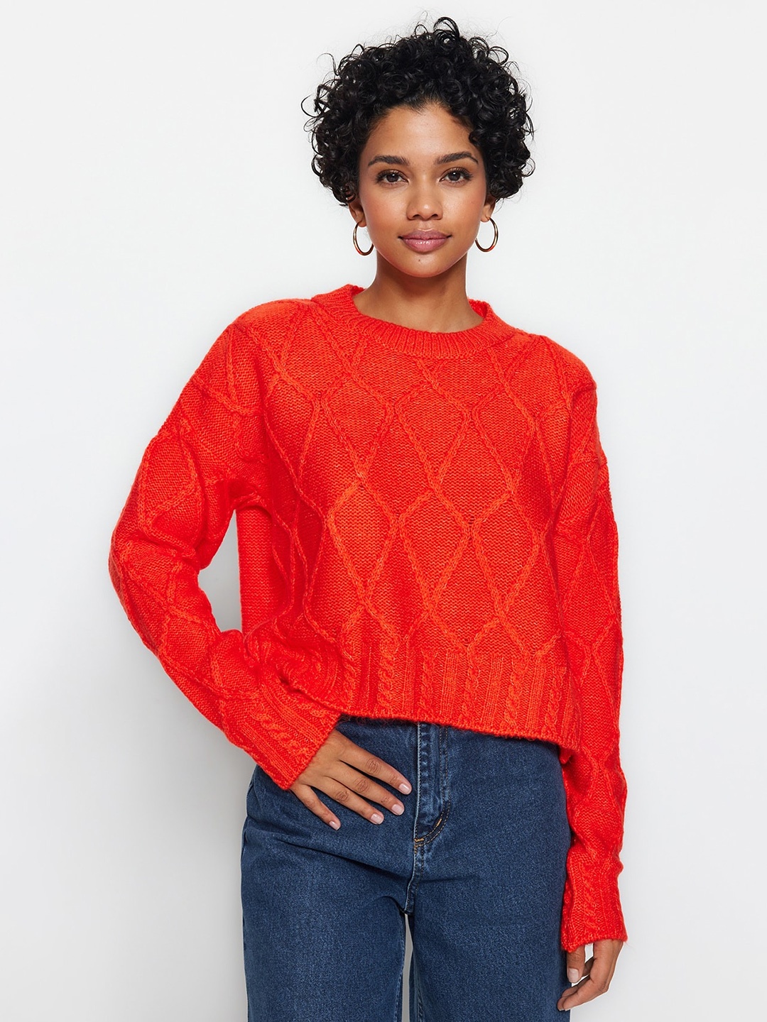 

Trendyol Self Design Cable Knit Acrylic Pullover, Red