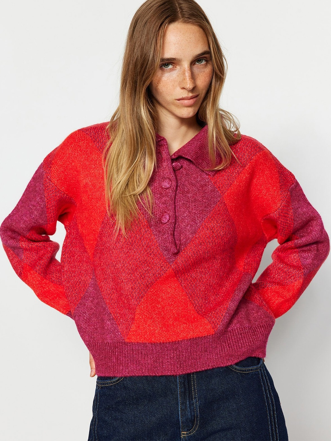 

Trendyol Checked Shirt Collar Pullover, Pink