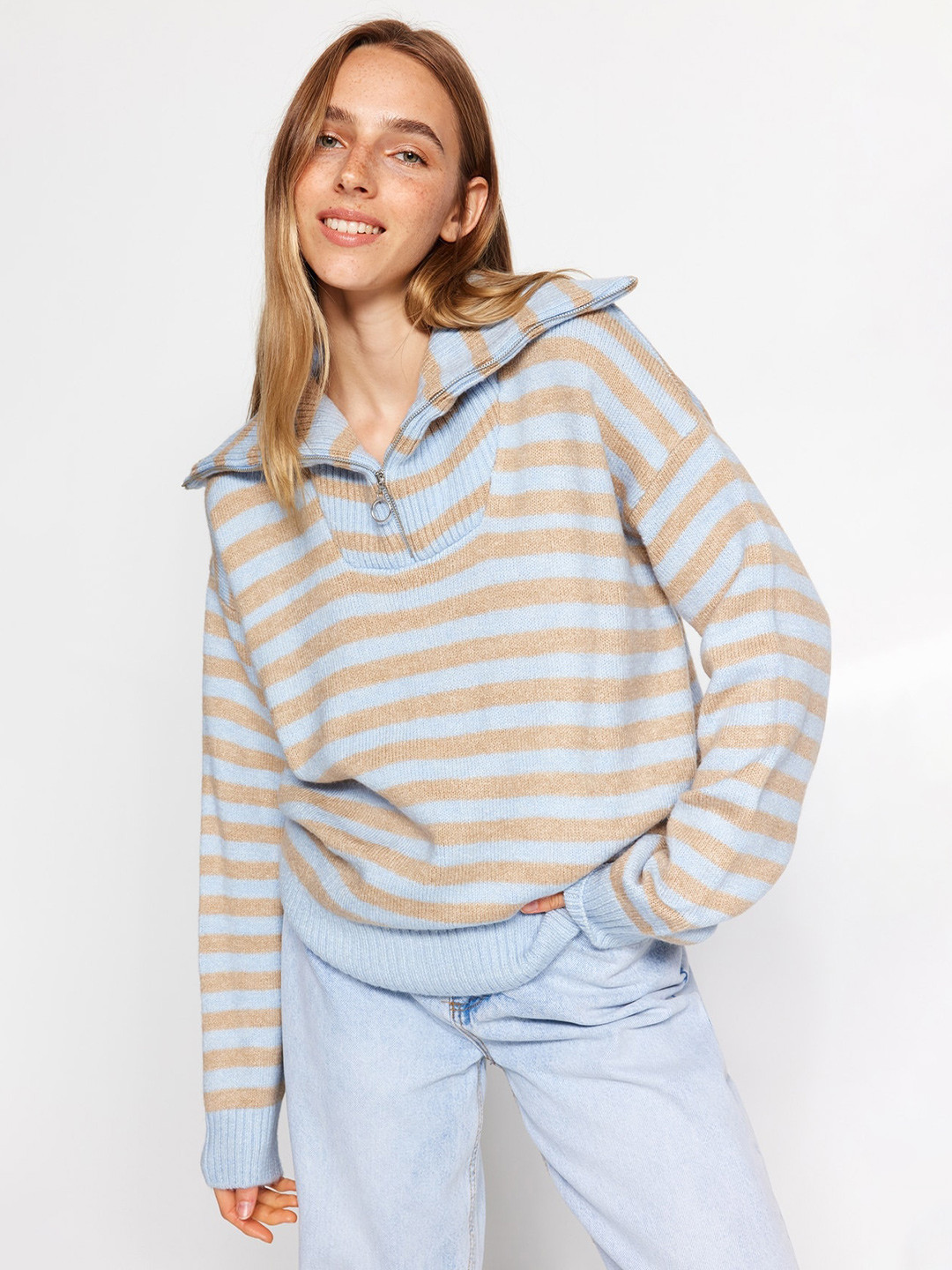 

Trendyol Shirt Collar Striped Pullover Sweater, Blue
