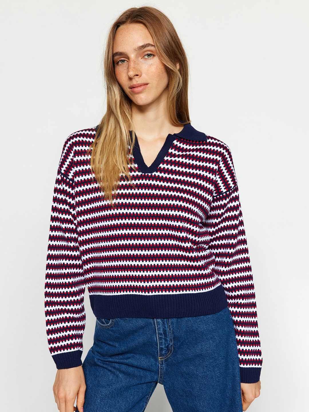 

Trendyol Striped Shirt Collar Acrylic Pullover, Blue