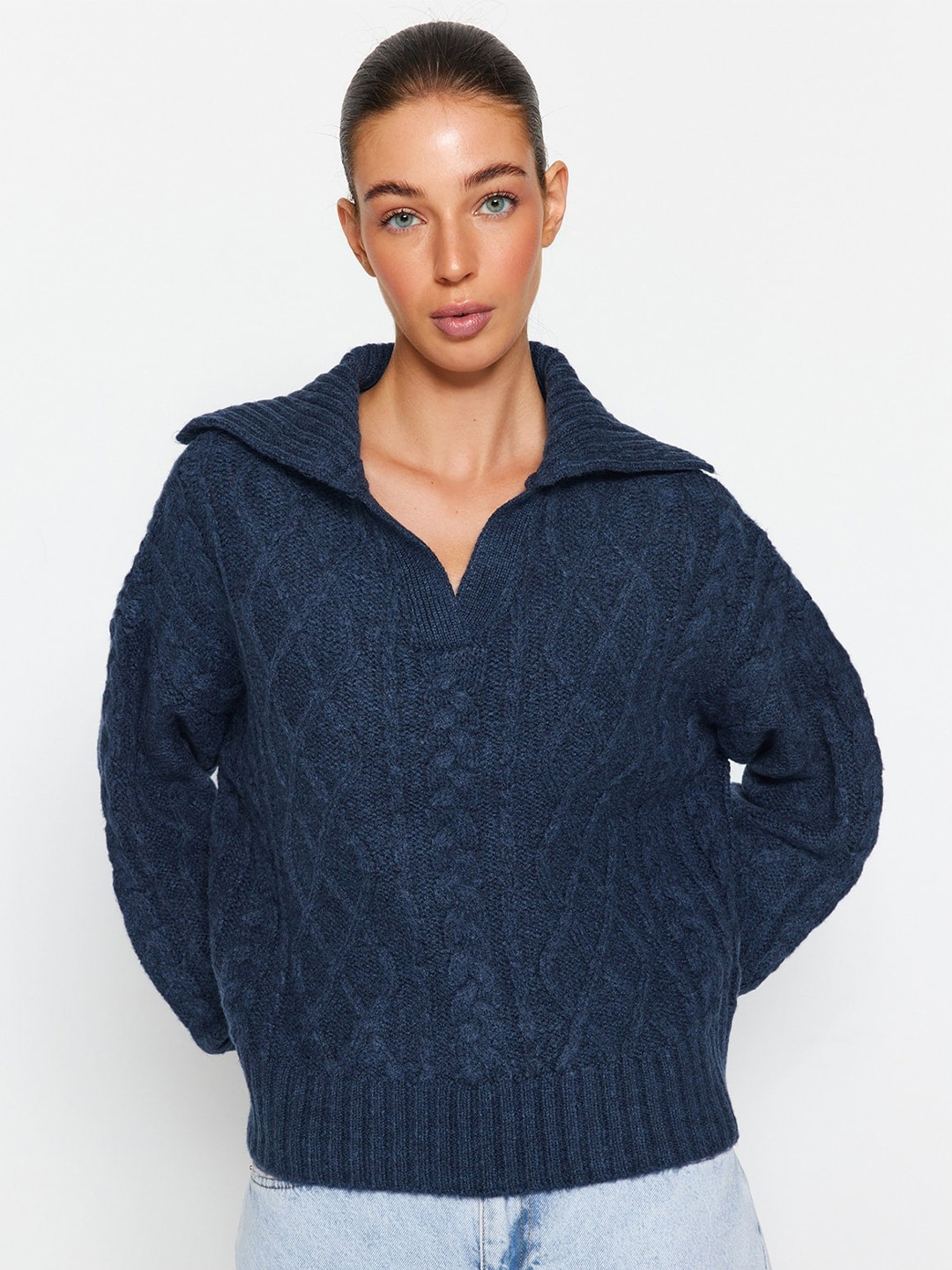 

Trendyol Cable Knit Self Design Shirt Collar Pullover, Blue