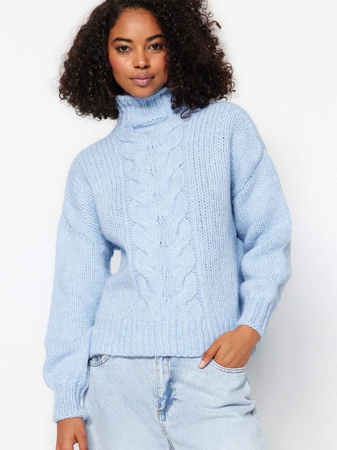 

Trendyol Turtle Neck Cable Knit Pullover Sweaters, Blue