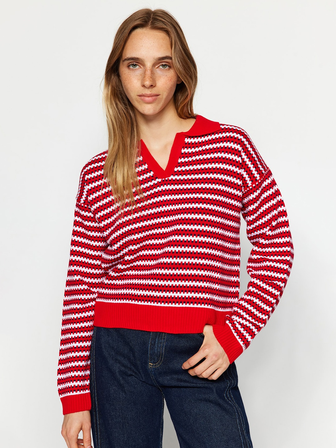 

Trendyol Striped Pullover Acrylic Sweater, Red