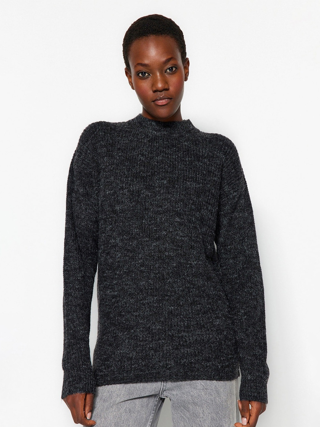 

Trendyol Mock Neck Ribbed Pullover, Grey