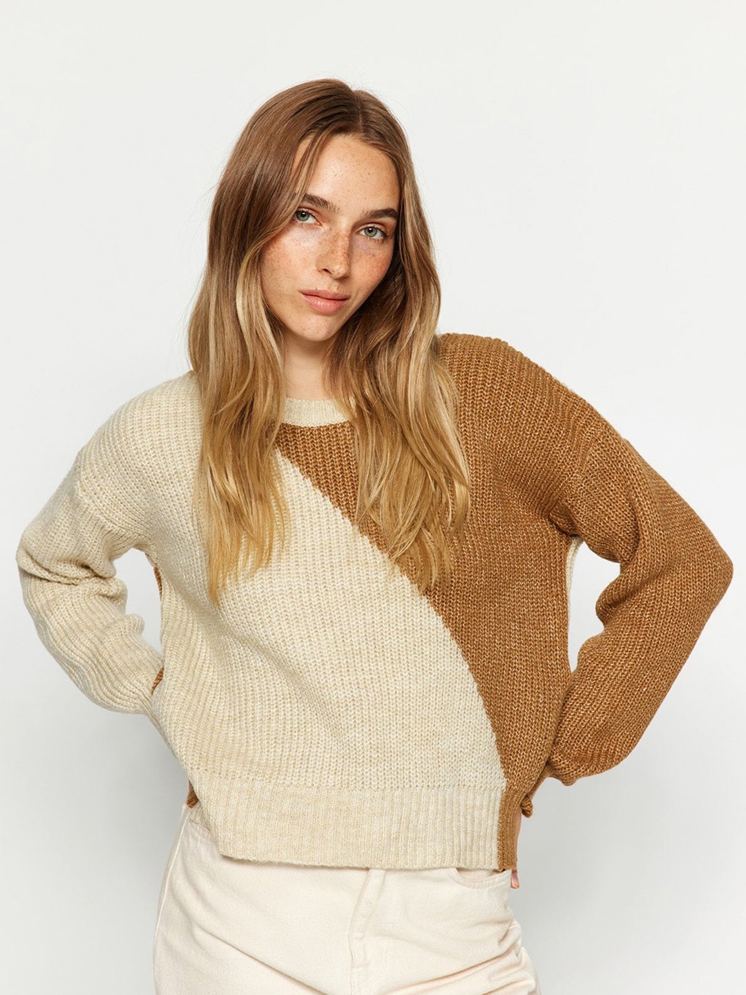 

Trendyol Colourblocked Round Neck Pullover Sweaters, Brown