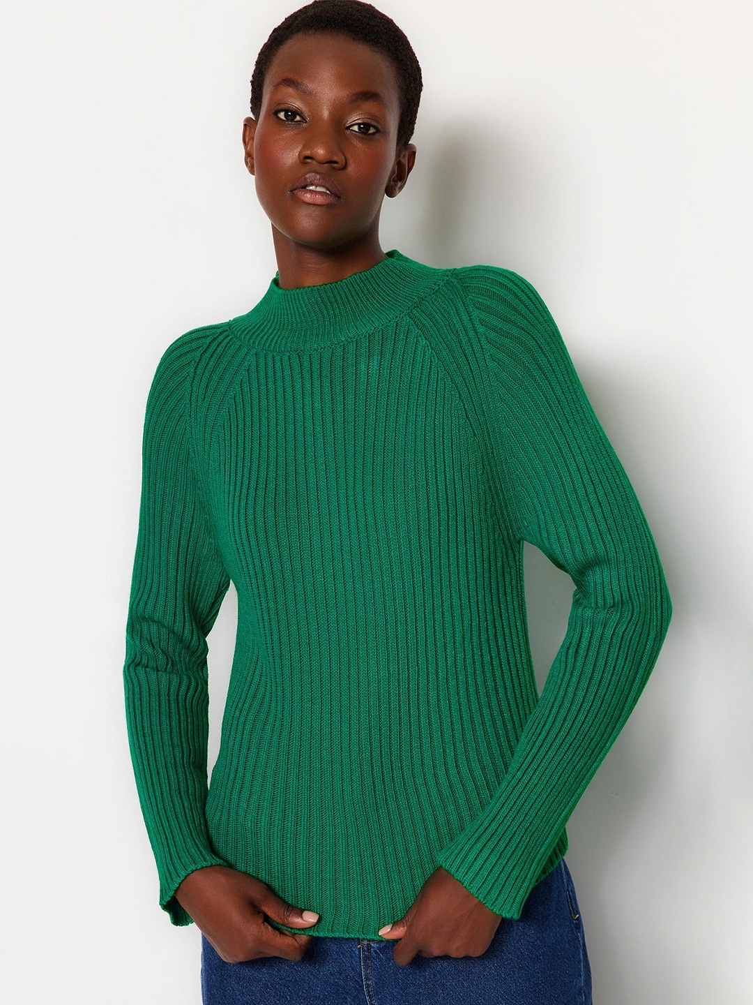 

Trendyol High-Neck Ribbed Pure Acrylic Pullover, Green