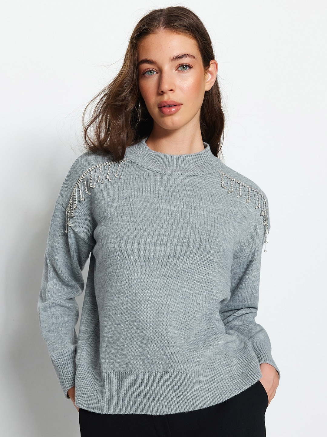 

Trendyol Round Neck Acrylic Pullover Sweater With Embellished Detail, Grey